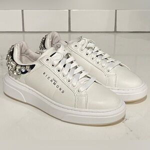 John Richmond Rhinestone Embellished Leather Fashion Sneaker White Size 36 New